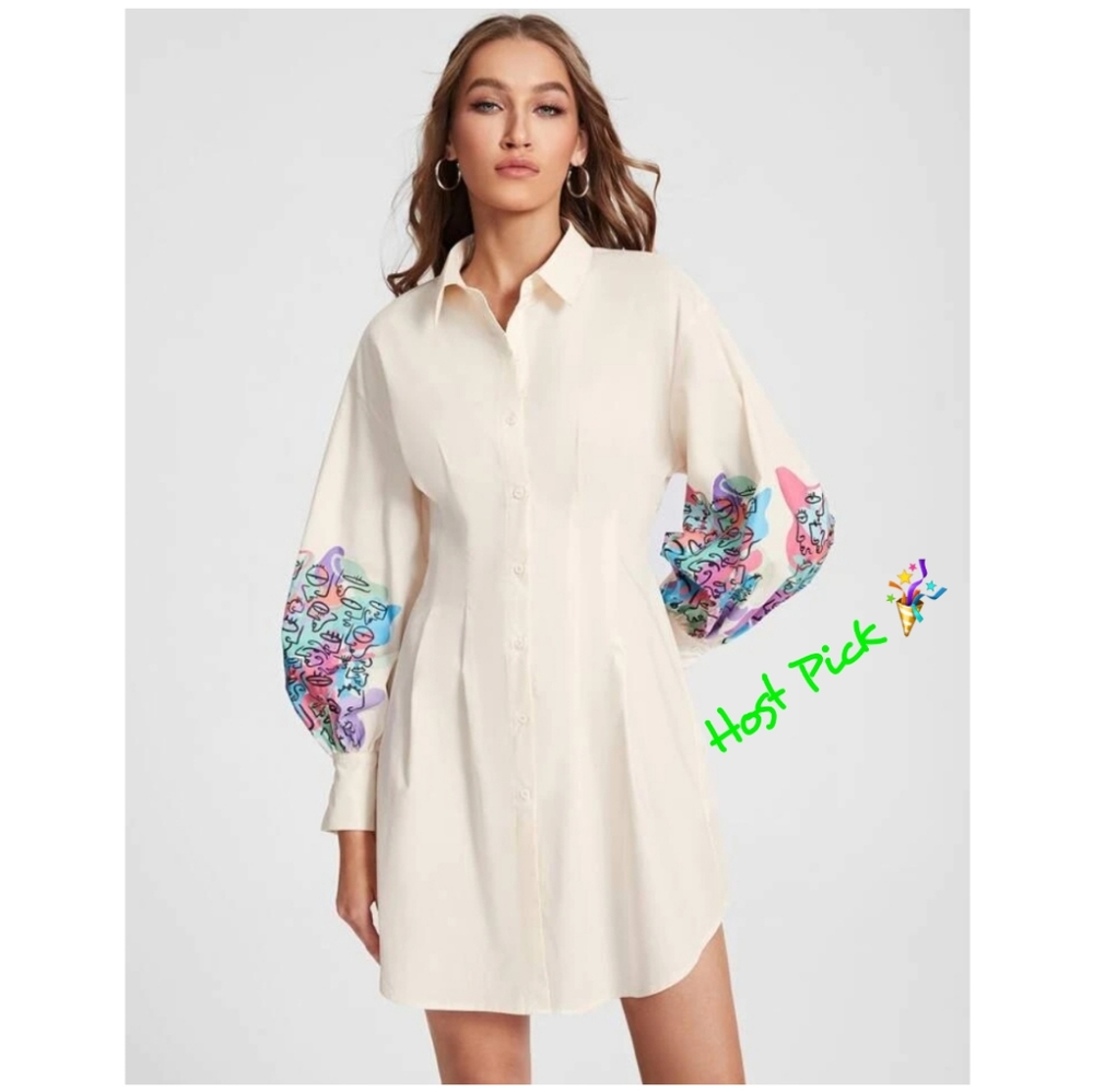 SHEIN X Nath Bermudez Figure Graphic Lantern Sleeve Fold Pleated Shirt Dress Lg